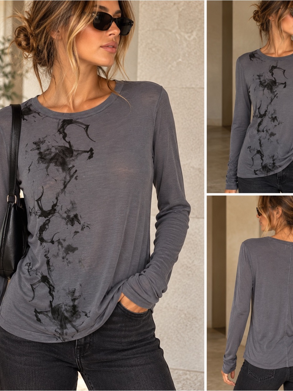 VINCE Silk-Viscose-Blend Abstract Graphic Long Sleeve Top Size L QUIET LUXURY